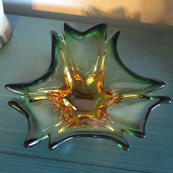 Vintage Handblown Green & Amber Art Glass Mid-Century Modern Art Deco Boho Bowl - Picture 12 of 13